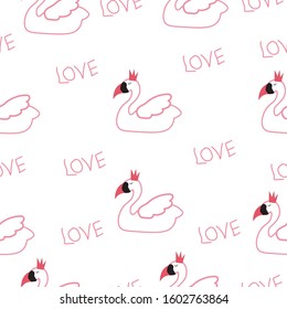 Beautiful Seamless Pattern with white Swans and love text, use for Baby Background, Textile Prints, Covers, Wallpaper, Posters. Vector Illustration