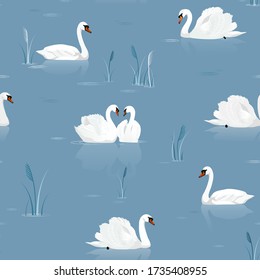 Beautiful seamless pattern with white swans on the lake. Vector illustration