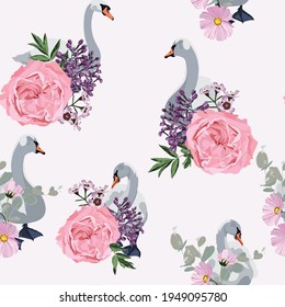 Beautiful seamless pattern with white swans and pink roses, violet lilac and leves spring flowers illustration.