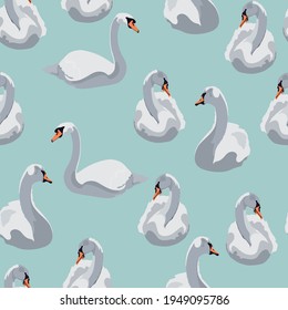 Beautiful seamless pattern with white swans on mint background illustration.
