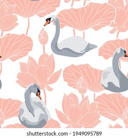 Beautiful seamless pattern with white swans and Japanese lotus water lily flowers illustration.