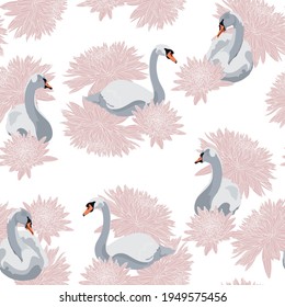 Beautiful seamless pattern with white swans and Japanese chrysanthemum flowers illustration.