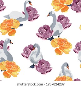 Beautiful seamless pattern with white swans and yellow violet tulips flowers illustration on white background.