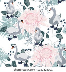 Beautiful seamless pattern with white swans and Japanese Chrysanthemums flowers and herbs illustration on white background.