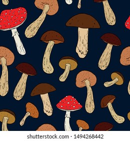 
Beautiful seamless pattern with wild mushrooms. vector. Graphics fly agaric, boletus. Autumn botanical set. Background for design of packaging, website, textile, cover. Decor Elements. Cute art