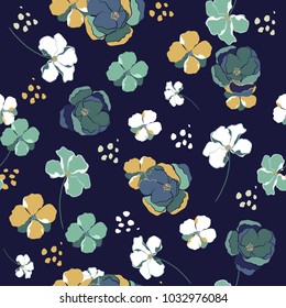 Beautiful Seamless Pattern wind blow flowers,  Isolated on navy blue color. Botanical Floral Decoration Texture. Vintage Style Design for Fabric Print, Wallpaper Background.