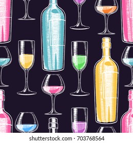 Beautiful seamless pattern of wine bottles and glasses on a black background. Hand-drawn illustration