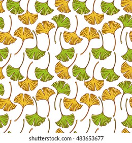 Beautiful seamless pattern with yellow and green leaves of the ginkgo. hand-drawn illustration