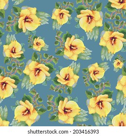Beautiful seamless pattern with yellow hibiscus flowers on green background vector