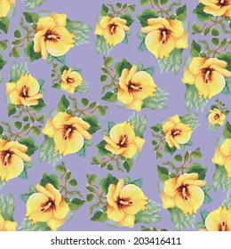 Beautiful seamless pattern with yellow hibiscus flowers on violet background vector