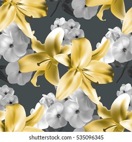 Beautiful seamless pattern with yellow lilies and white phlox on gray background. Vector illustration.  