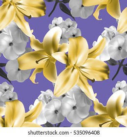 Beautiful seamless pattern with yellow lilies and white phlox on lilac background. Vector illustration.  