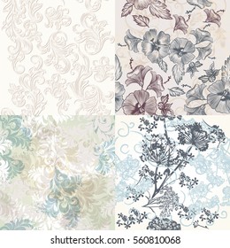 Beautiful seamless patterns with floral ornament in soft classic colors