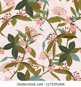 Beautiful seamless patterrn of autumn leaves ,berries,wild flowers,on botanical line background vector design for fashion,fabric,wallpaper and all prints on light pink background color