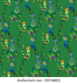 Beautiful seamless peacock pattern background. Peacocks on green background