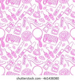 beautiful seamless pink background of female things. hand-drawn illustration