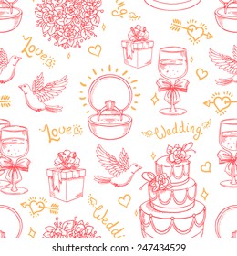 Beautiful seamless pink background for a wedding with doves, ring and bridal bouquet