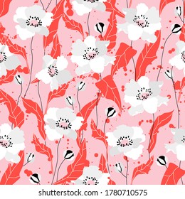 Beautiful seamless pink flower pattern design. Pink, white and red floral texture for print on cards, fabric and textiles. Web banner design image. Bright poppy flower pattern design.