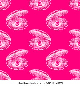 beautiful seamless pink pattern of seashells with pearls. hand drawn illustration