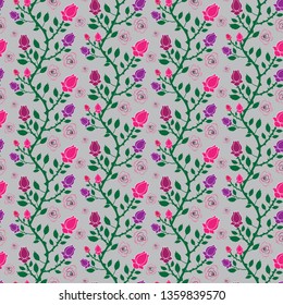 beautiful seamless pink and purple floral roses and branches pattern tile for classic summer and spring cheerful surface designs, backgrounds, cards, posters, textile and fabric. the tile is seamless