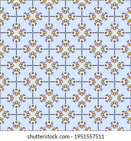 Beautiful seamless print in ethnic style. Composition of colored abstract flowers on a pale blue background. Fashionable and glamorous decoration of any of your bold advertising projects.