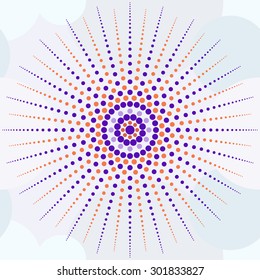 Beautiful seamless print of small colored peas forming the sun, orange and purple colors. Background of low-contrast circles pastel shades. Vector illustration for various creative projects