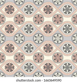 Beautiful seamless print for wallpaper and bed linen. Abstract pattern with mandalas and wavy lines. Vector drawing.