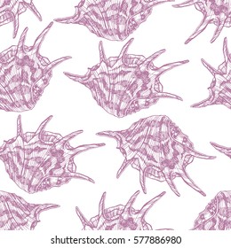 beautiful seamless purple pattern of sketch seashells. hand-drawn illustration