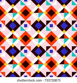Beautiful seamless Quilt pattern with different geometrical shapes. Abstract Mosaic texture with squares and triangles. Traditional background in ethnic style.