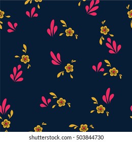 Beautiful seamless repeat on a dark blue background. Hand drawn illustration featuring flowers and leaves in bright color theme. 