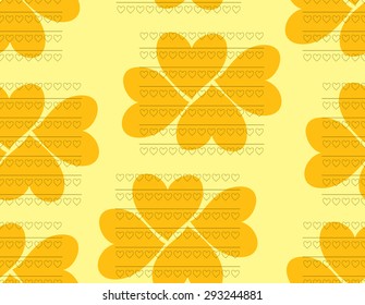 Beautiful seamless romantic pattern in orange and yellow colors. Blank lines with rows of hearts on the background of big hearts forming four-leaf clover. Metaphor of happy love. Vector illustration