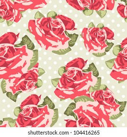 Beautiful Seamless rose pattern with blue polka dot background, vector illustration