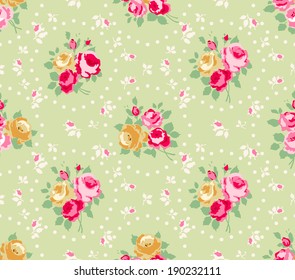 Beautiful Seamless rose pattern,  illustration.  Ideal for printing onto fabric and paper or scrap booking. Pink, yellow and green color. Cottage shabby chic style.