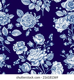 Beautiful seamless rose pattern on a blue background. Vector illustration.