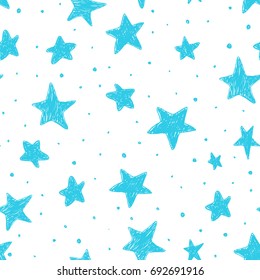 Beautiful seamless sky pattern with textured stars, hand drawn.