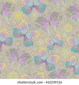 Beautiful seamless softly pastel pattern with butterflies. Vector picture.