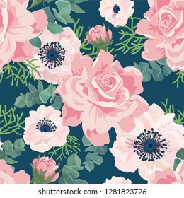 Beautiful seamless spring pattern with roses, anemone, eucalyptus on a background.