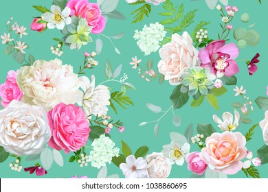 Beautiful seamless spring pattern with roses,peony,orchid and succulents