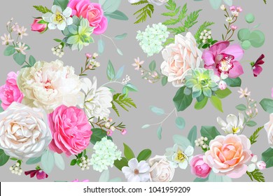 Beautiful seamless spring pattern with roses,peony,orchid and succulents