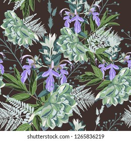 Beautiful seamless spring pattern with wild violet flowers, herbs and succulent. Wallpaper or print for textile. Drawing engraving. Dark background.