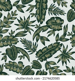Beautiful seamless summer botanical vector pattern with green exotic leaves