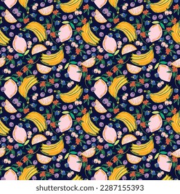 Beautiful seamless Summer Vacation Seamless pattern. Summer fruit, Lemon , Oranges , flower,banana,beach and ocean vector hand drawn style ,Design for fashion , fabric, textile, and all prints 