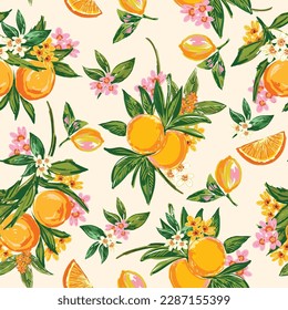 Beautiful seamless Summer Vacation Seamless pattern. Summer fruit, Lemon , Oranges , flower,banana,beach and ocean vector hand drawn style ,Design for fashion , fabric, textile, and all prints 