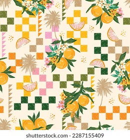 Beautiful seamless Summer Vacation Seamless pattern. Summer fruit, Lemon , Oranges , flower,banana,beach and ocean vector hand drawn style ,Design for fashion , fabric, textile, and all prints  - Shutterstock ID 2287155409