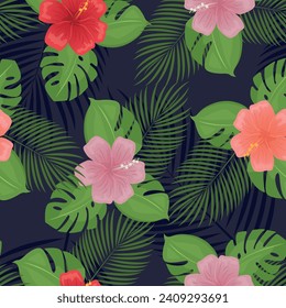 Beautiful seamless Summer Vacation pattern on dark blue background. Summer plants, vector hand drawn style, Design for fashion, fabric, textile, and prints. Seamless pattern in swatches
