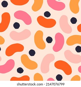 Beautiful seamless texture with abstract shapes. Vector pattern with geometric figures, dots and blobs. Abstract background with modern cutout shapes.