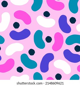 Beautiful seamless texture with abstract shapes. Vector pattern with geometric figures, dots and blobs. Abstract background with modern cutout shapes.