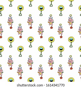 Beautiful seamless texture of bright, soft, children’s and pastoral toys rattles for babies, on suspension, vector on a white background. For printing on children's clothing, textiles, packaging
