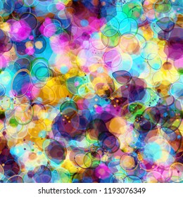 Beautiful seamless texture. Colorful pattern with blots, strokes, bubbles. Abstract vector background for web page, banners backdrop, fabric, home decor, wrapping. Watercolor effect