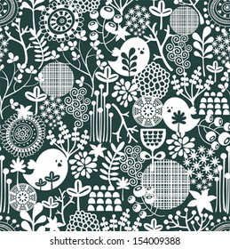 Beautiful seamless texture with cute birds and pretty flowers. Vector background. 